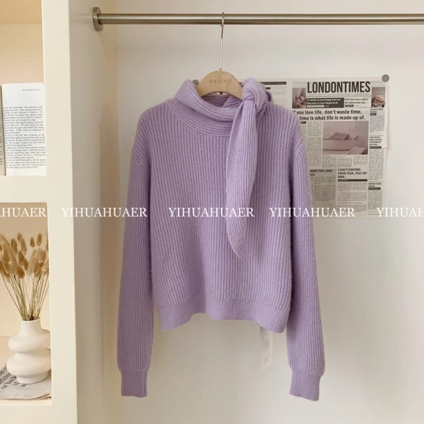 BHH-9944【小苍兰】东大门韩系温柔半高领设计感绑带蝴蝶结