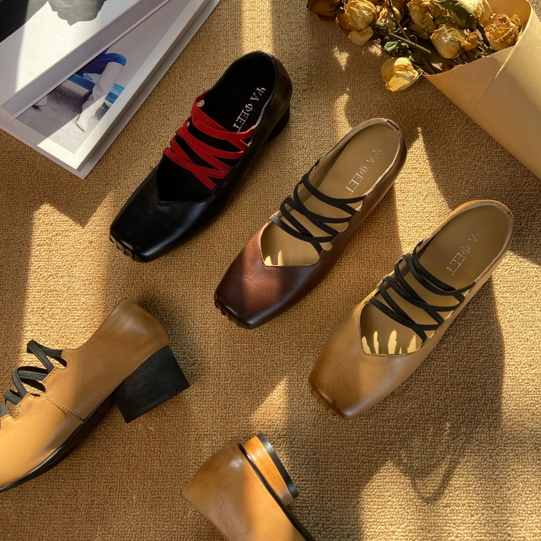 2025新款芭蕾绑带方头猪鼻玛丽珍鞋女鞋真皮高跟法式单鞋女粗跟