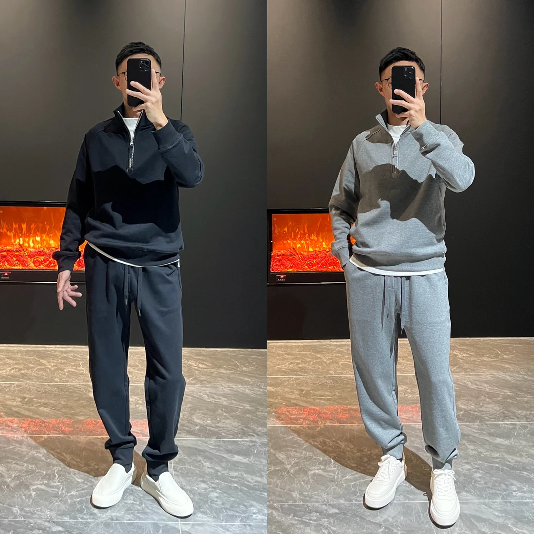 【极简舒适】25春 T*F重磅380克长绒棉 半拉链立领休闲卫衣套装男士