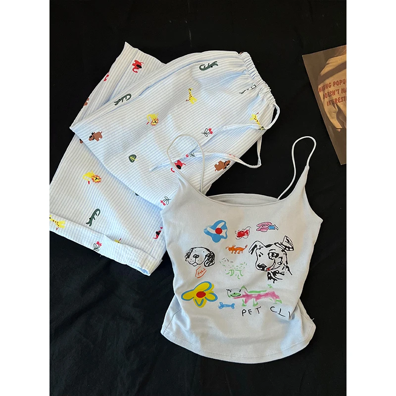 【小狗涂鸦】日系可爱清纯睡衣女夏季新款吊带长裤可外穿家居服套装