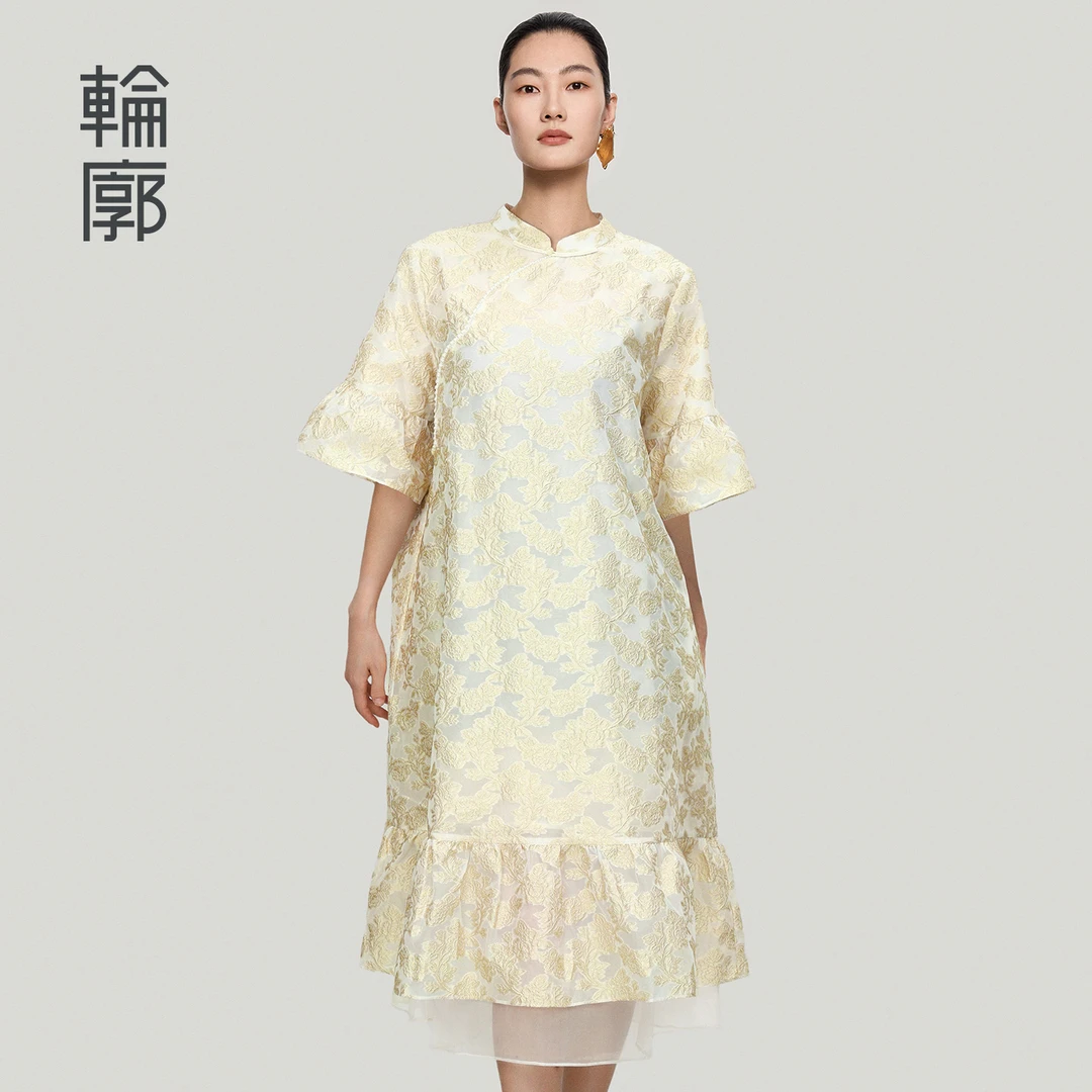 轮廓雪芥连衣裙新中式改良旗袍剪花提花时尚大气裙子早秋L252Y045