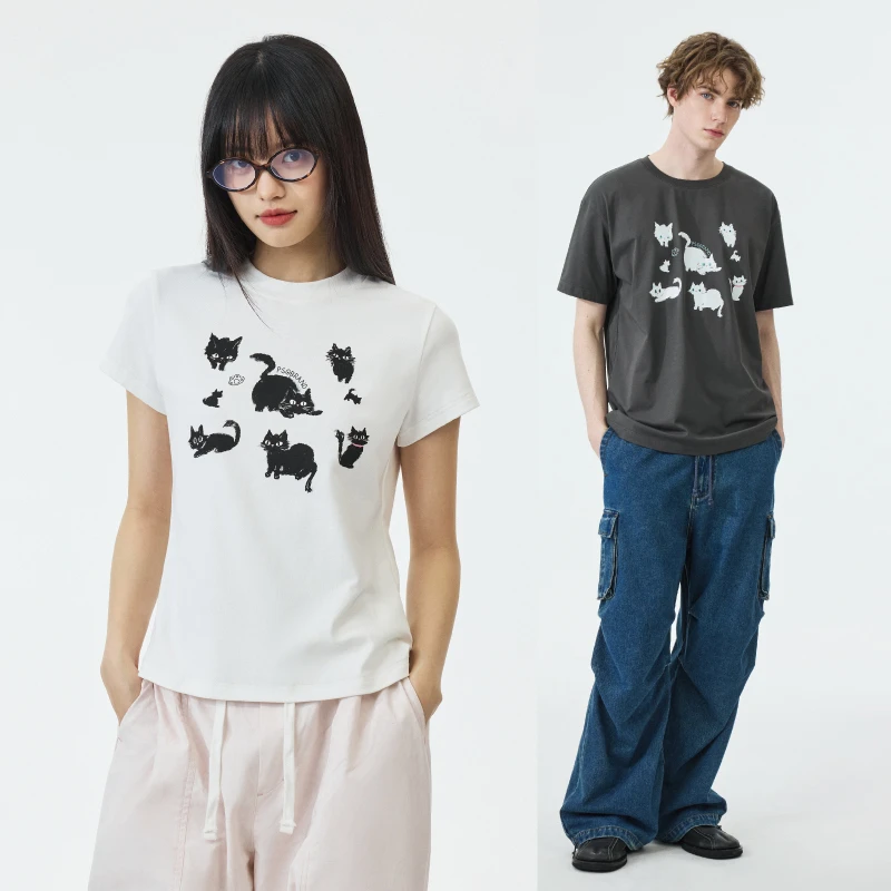 PSOBrand【凉感】230克索罗娜针织涂鸦水墨小猫短袖休闲T恤TKA117