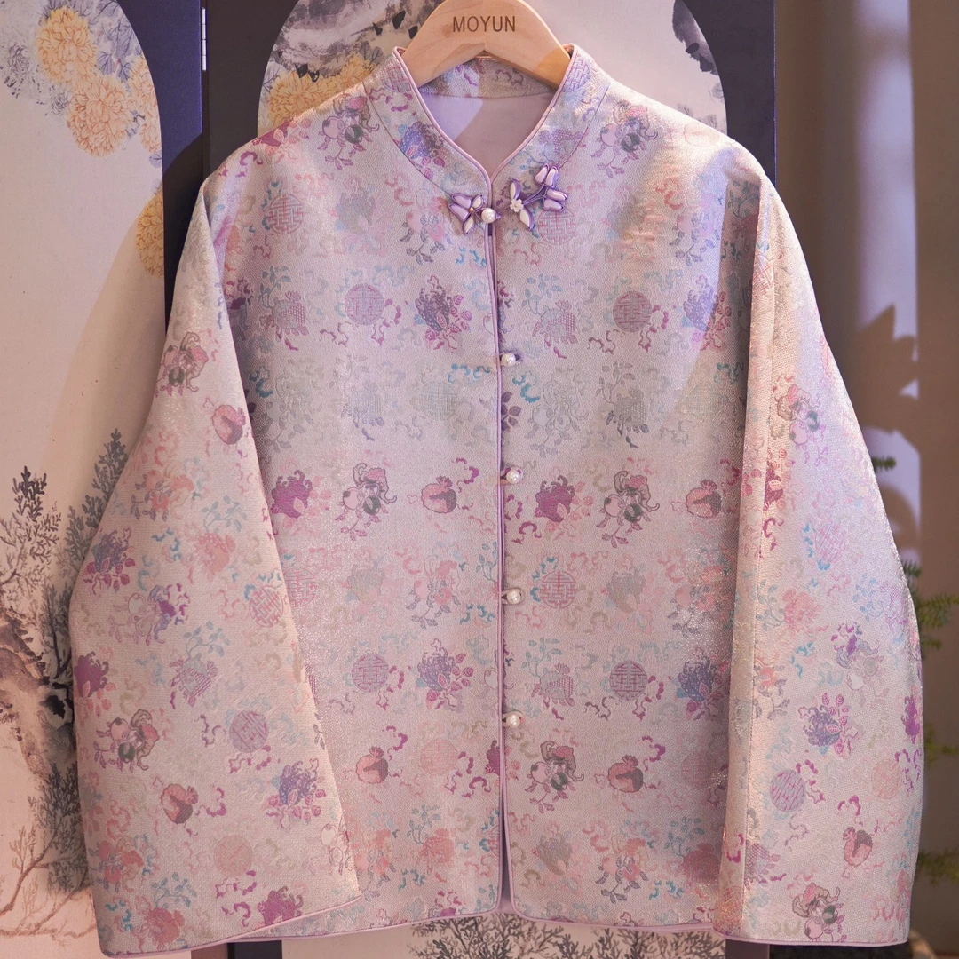 粉紫古钱三多宋锦桑蚕丝织金新中式外套立领倒大袖设计款国风高级