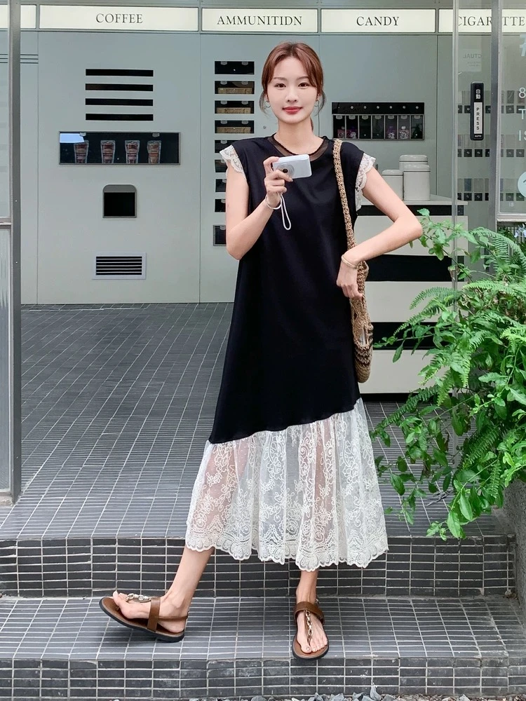 时尚洋气爆款连衣裙2025夏季新款绣花蕾丝拼接设计感无袖背心裙子