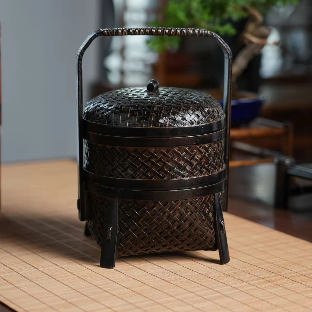 《延食》竹编双层黑色小食盒干果盒首饰筐野餐篮收纳提篮