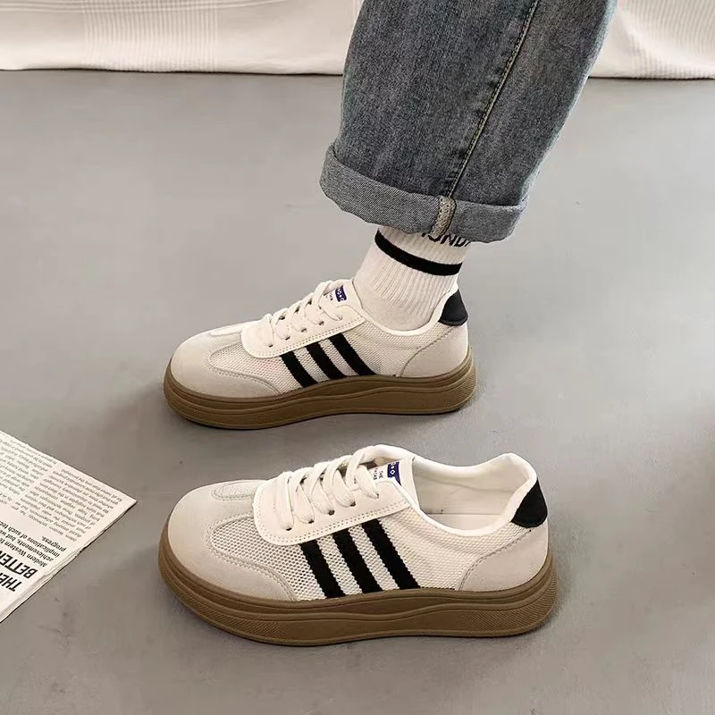 739 米色网面德训鞋女2025年夏季新款薄款透气休闲厚底鞋增高板鞋