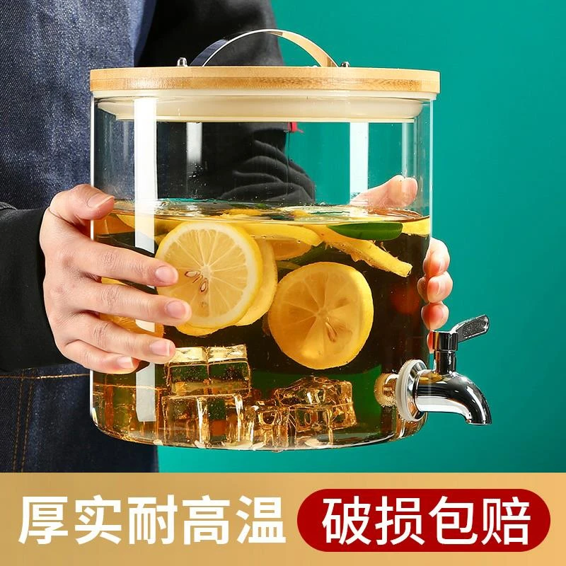 冷水壶耐高温玻璃果汁缸大容量冷水壶冰杯饮料桶果汁可乐桶带龙头