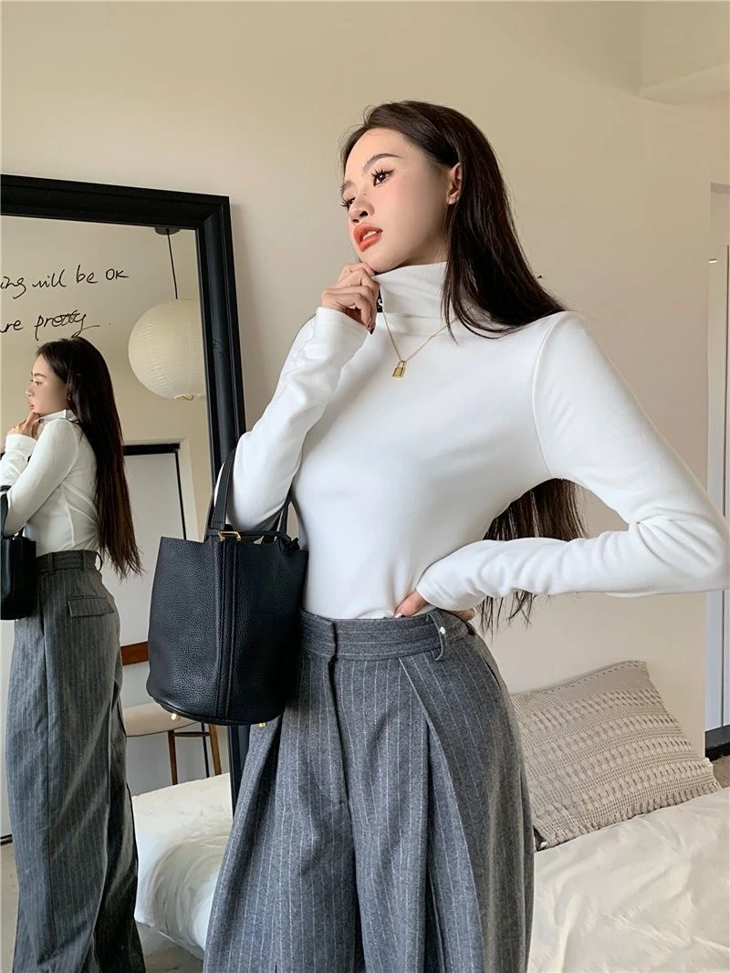 独特别致德绒保暖堆堆领长袖女冬季韩版气质修身纯色高领打底衫