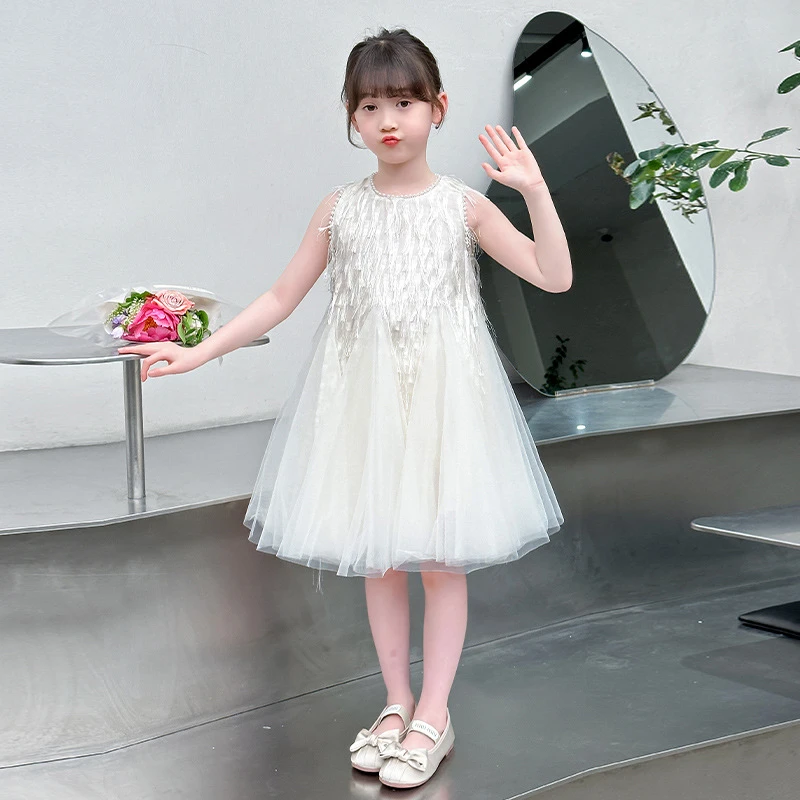 6Y178女童公主连衣裙夏季新款儿童流苏背心裙女孩洋气网纱珍珠裙