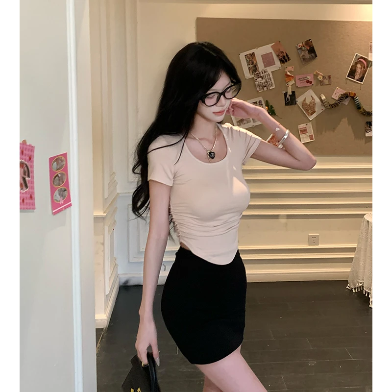 新款简约基础女T恤纯色百搭修身显瘦褶皱设计上衣