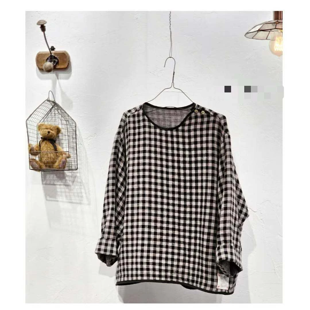 韩国正品不支持退换/蓝棉/圆领格子纱棉小衫/0205