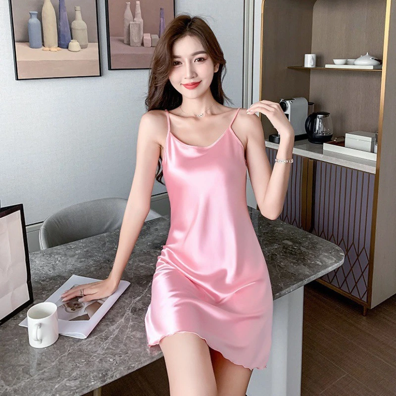 【晚梦】夏季冰丝女睡裙薄款丝绸性感仿真丝家居服吊带背心睡衣