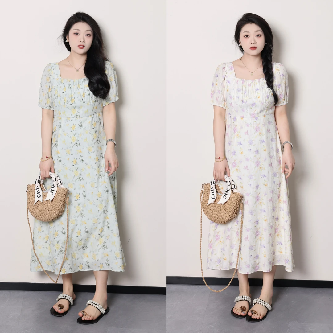 QC李潇洒【周末花集】微胖大码女夏气质法式碎花显瘦连衣裙ZY404J11