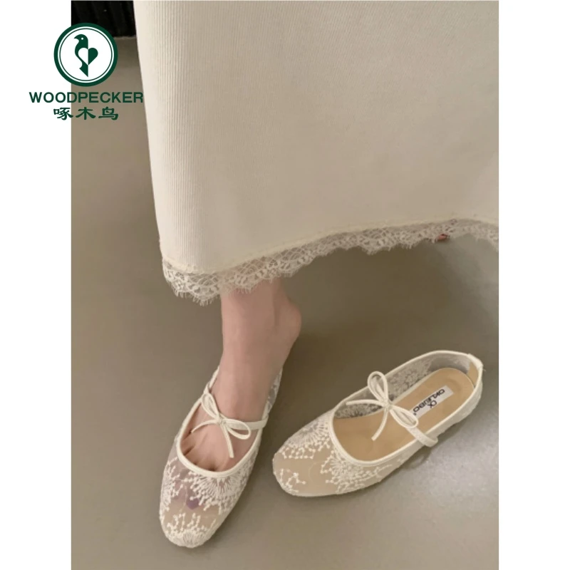 啄木鸟温柔晚晚风芭蕾舞鞋女2025新款仙女镂空网布蕾丝绣花单鞋
