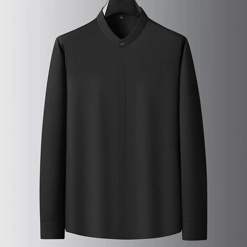 2025新款时尚小立领长袖衬衣男加肥加大码春夏季休闲舒适打底衫