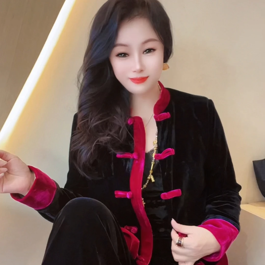 时尚国风立领长袖丝绒衬衫女修身别致上衣秋冬装