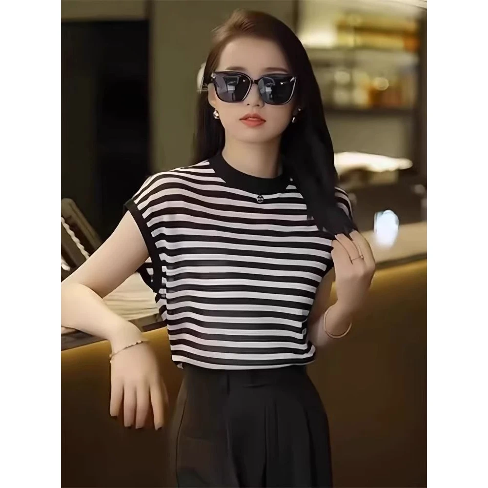冰丝撞色条纹宽松短袖恤女小飞袖减龄时尚上衣薄款夏装
