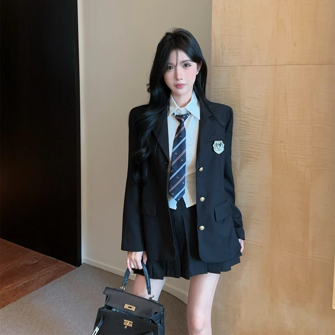 韩都女高 学院风jk制服套装气质三件套领带衬衫百褶裙西装外套