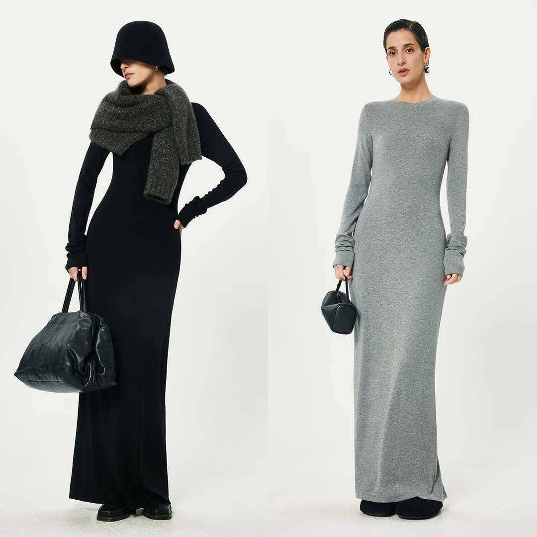 KEIGAN/开间私服强推 弹柔糯美丽奴羊毛极简后开衩超长T恤连衣裙