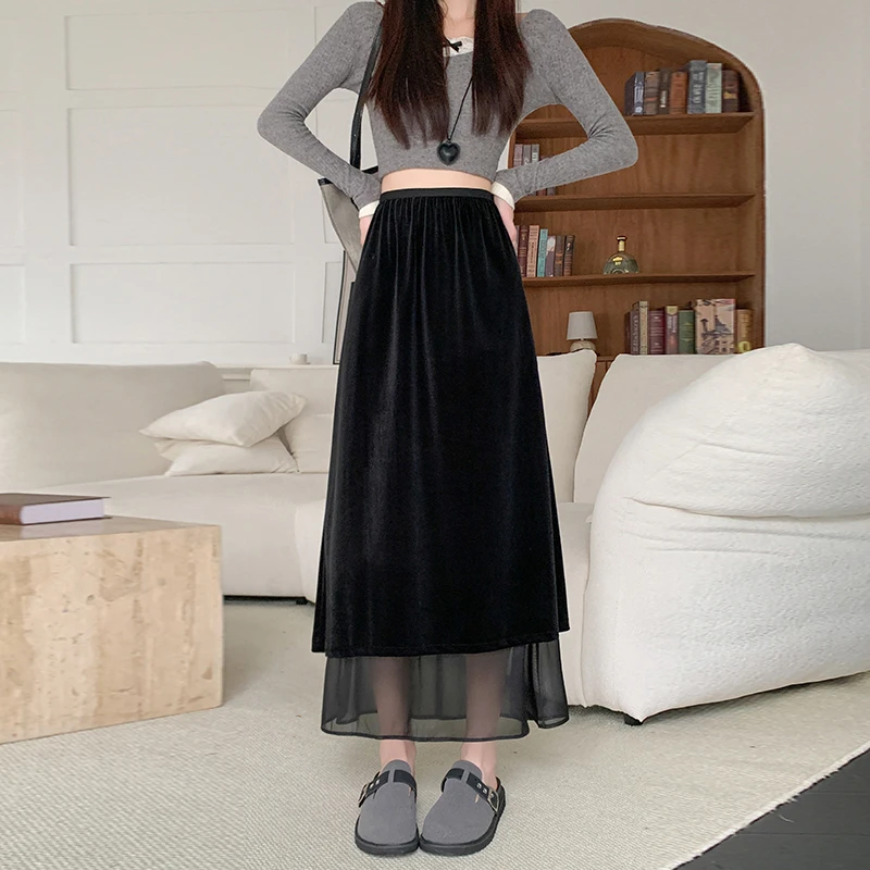 2025金丝绒拼接网纱新款丝绒半身裙高腰黑色秋季复古显瘦长裙开叉