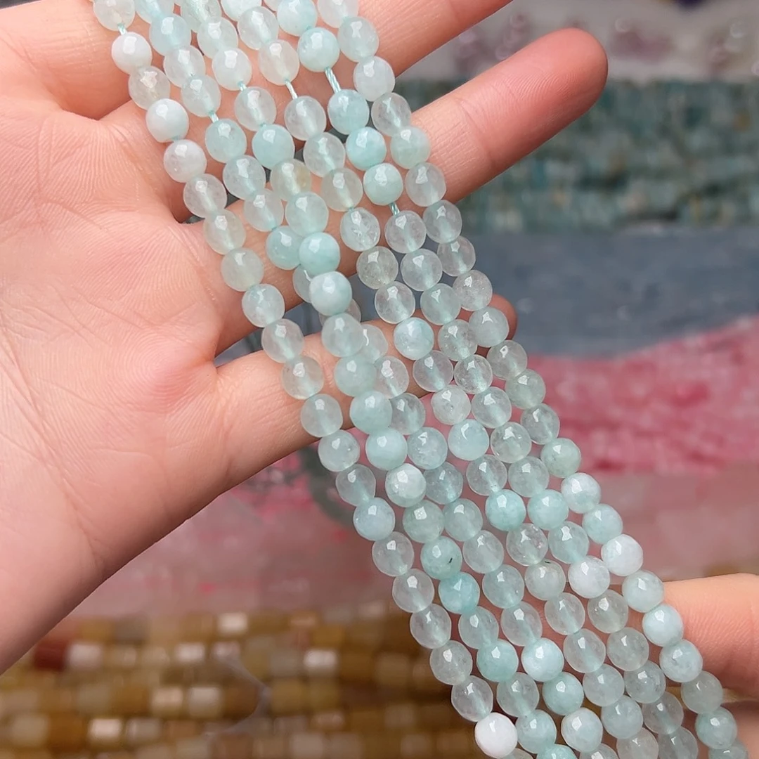 玛瑙/玉髓合金珠宝半成品Y582。6mm海蓝玉刻面圆珠一条