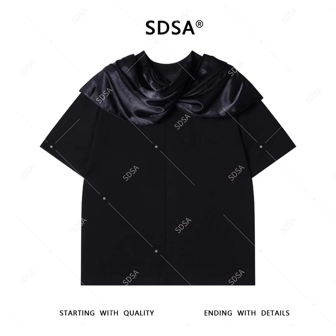 SDSA夏季高级感新款男士美式纯色拼接设计圆领短袖T恤时尚宽松