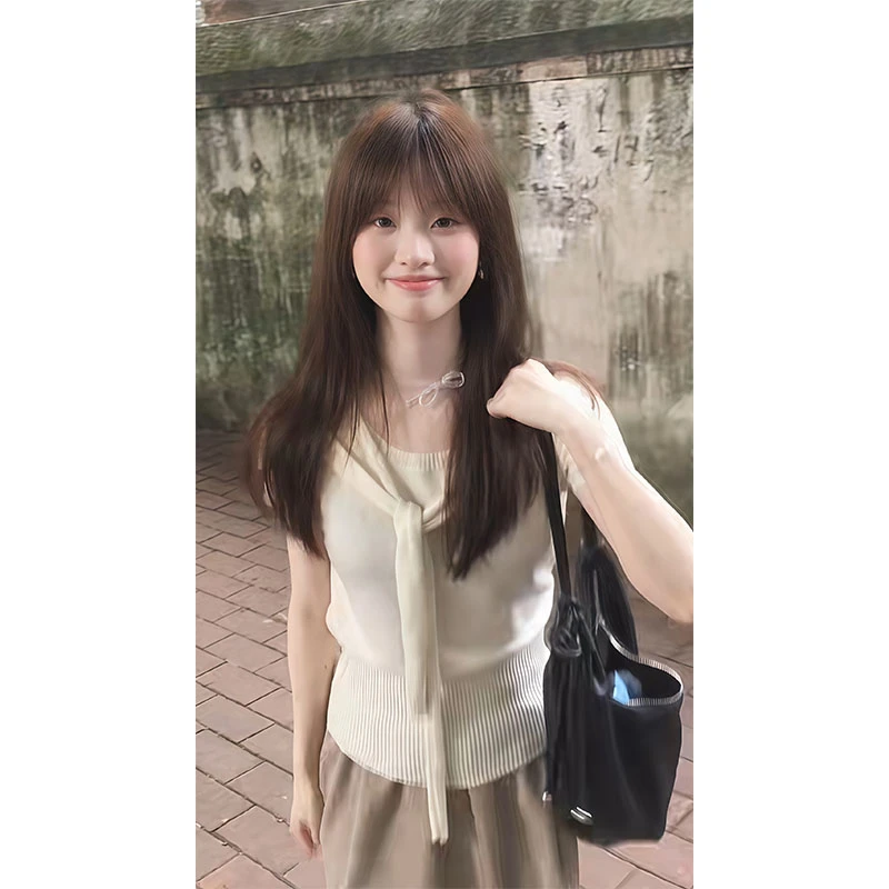 韩系学院风穿搭休闲百搭披肩圆领短袖T恤上衣高腰包臀半身裙套装