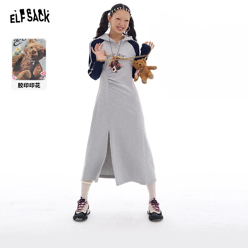 妖精的口袋周末不宅家卡通小熊印花连衣裙侧开叉2025春25400015