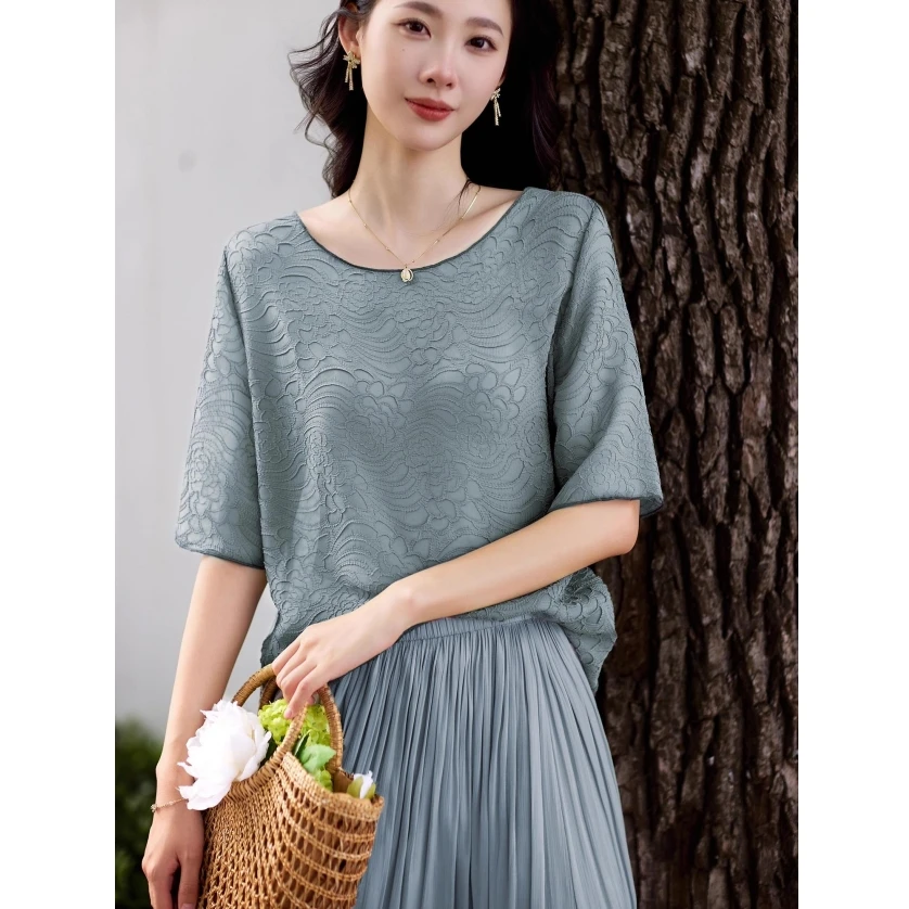 压褶肌理感 舒适宽松 薄款气质显瘦圆领罩衫短袖上衣女夏季高级感