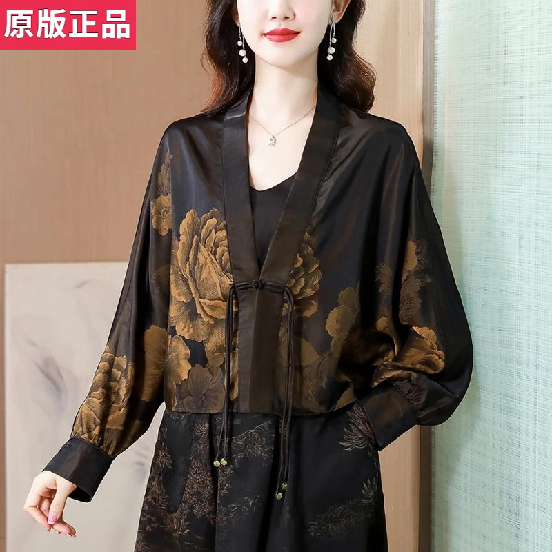香云纱桑蚕丝上衣2025春秋款新中式复古印花妈妈装蝙蝠袖开衫上衣