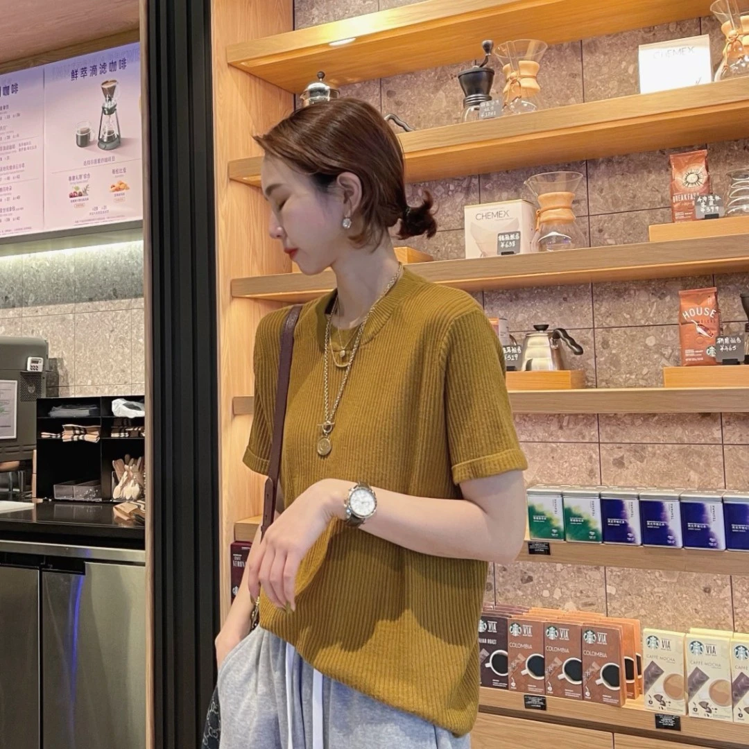 XX.YX春夏韩系原创设计师款高弹百搭显瘦慵懒风短袖针织衫5551