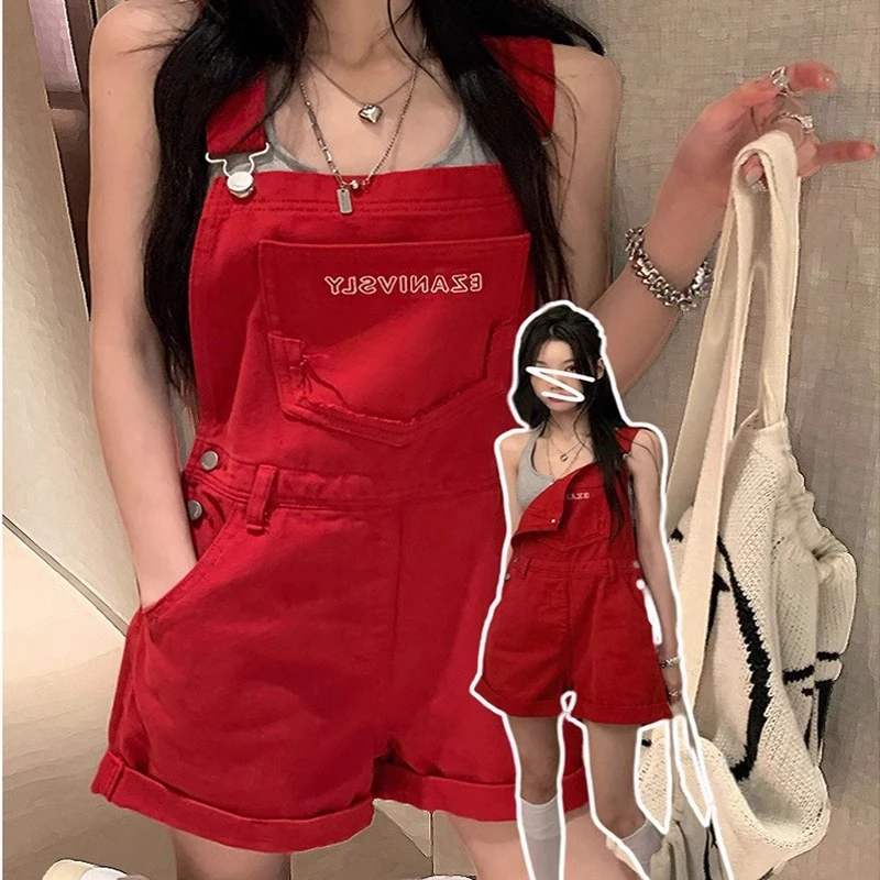 红色奶系牛仔背带短裤女夏季新款韩版宽松小个子字母洋气衣服女