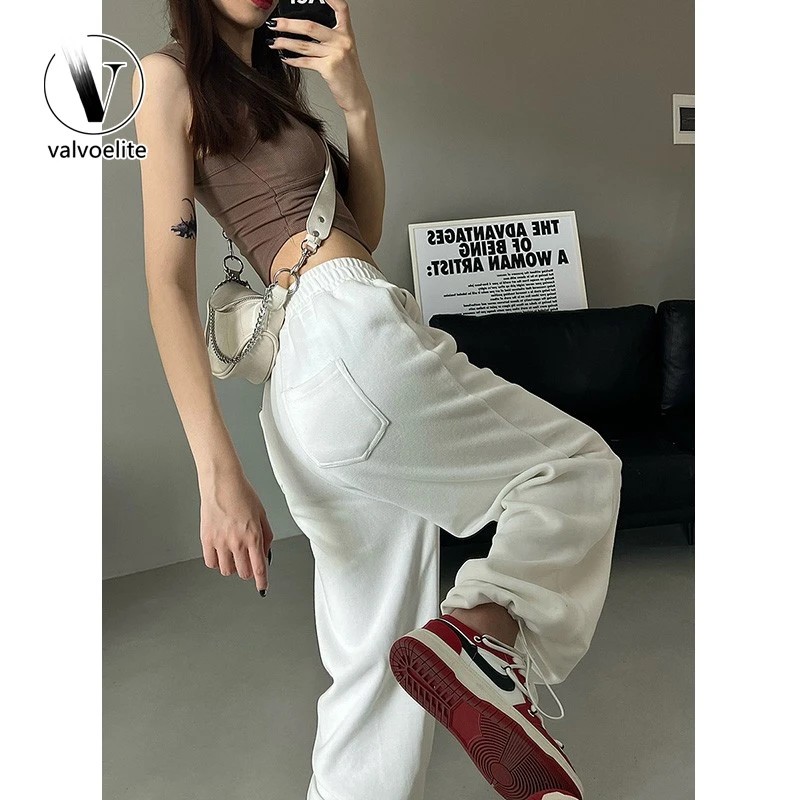 VALVOELITE春夏季薄款白色运动裤女高腰显瘦阔腿直筒休闲抽绳卫裤