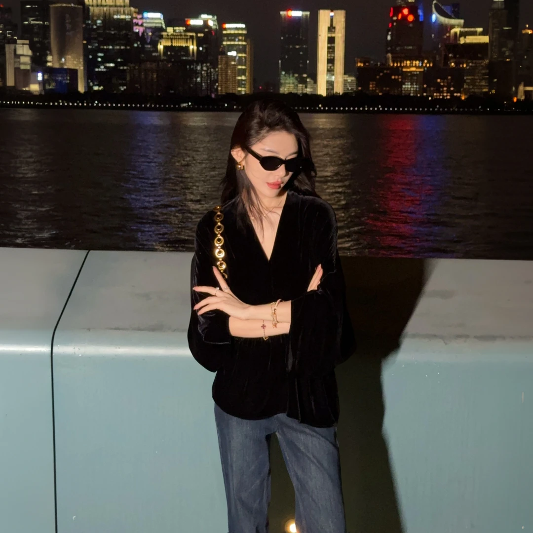 熹熹Sissi 【暗语】真丝丝绒蝙蝠袖V领秋季衬衫丝绒上衣秋1435