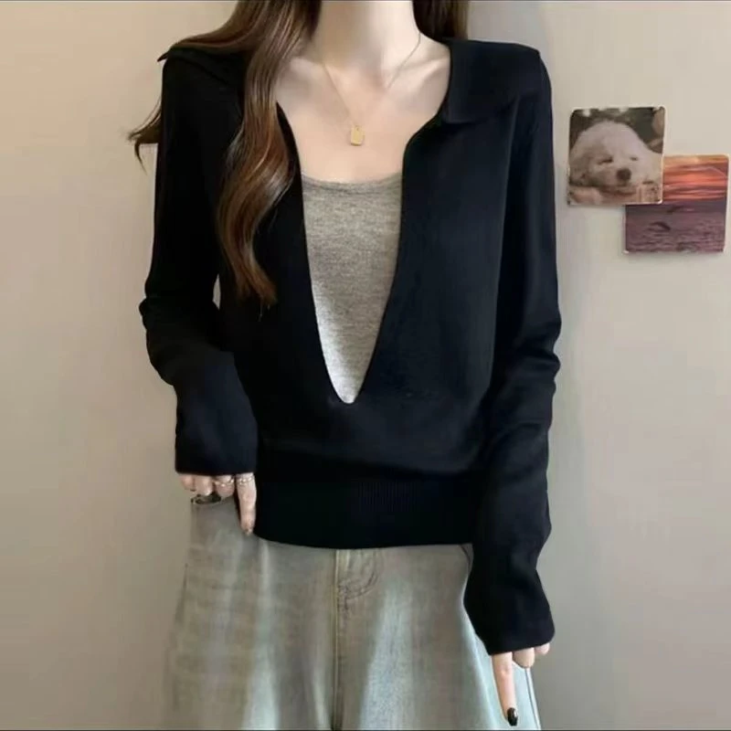 Moses Queen/魔西女王韩版时尚撞色假两件别致气质显瘦针织衫女