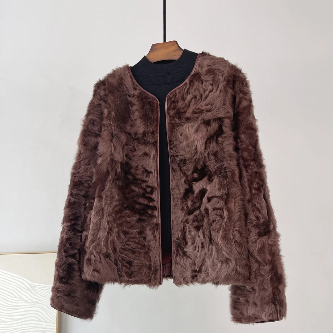 显瘦小湖羊女士皮毛一体外套海宁皮草大衣小个子短款女款复古圆领