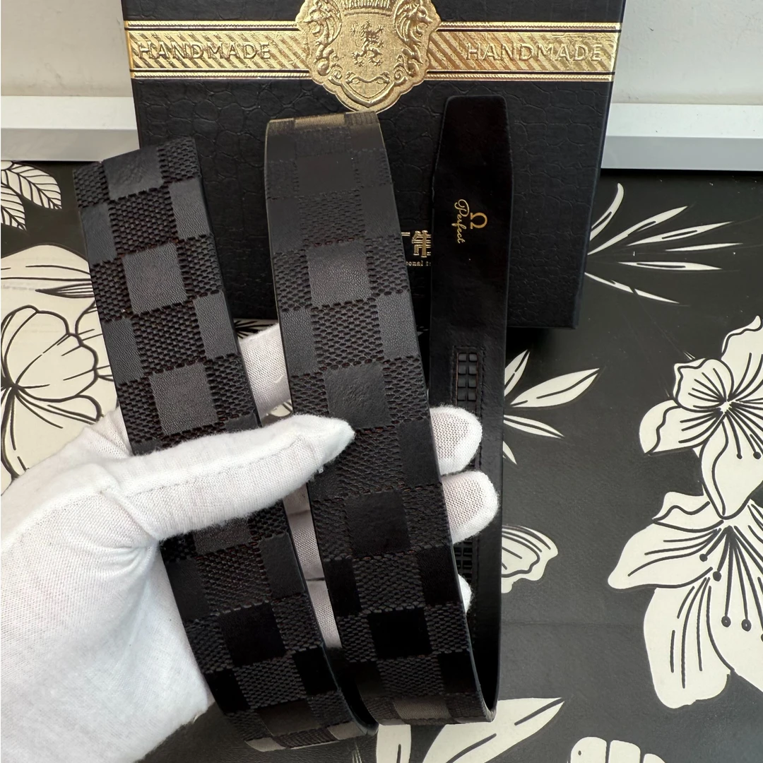 【3.5宽单皮带】 格子方块自动扣皮带真牛皮带黑色男士真皮男款时尚