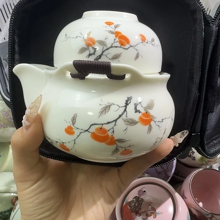 羊脂玉柿子宝瓶旅行套带茶盘
