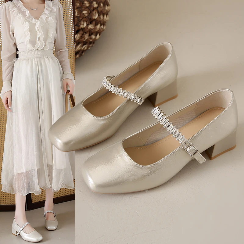 2025春夏新款网红爆款方头浅口香槟带钻单鞋简约洋气百搭237-5