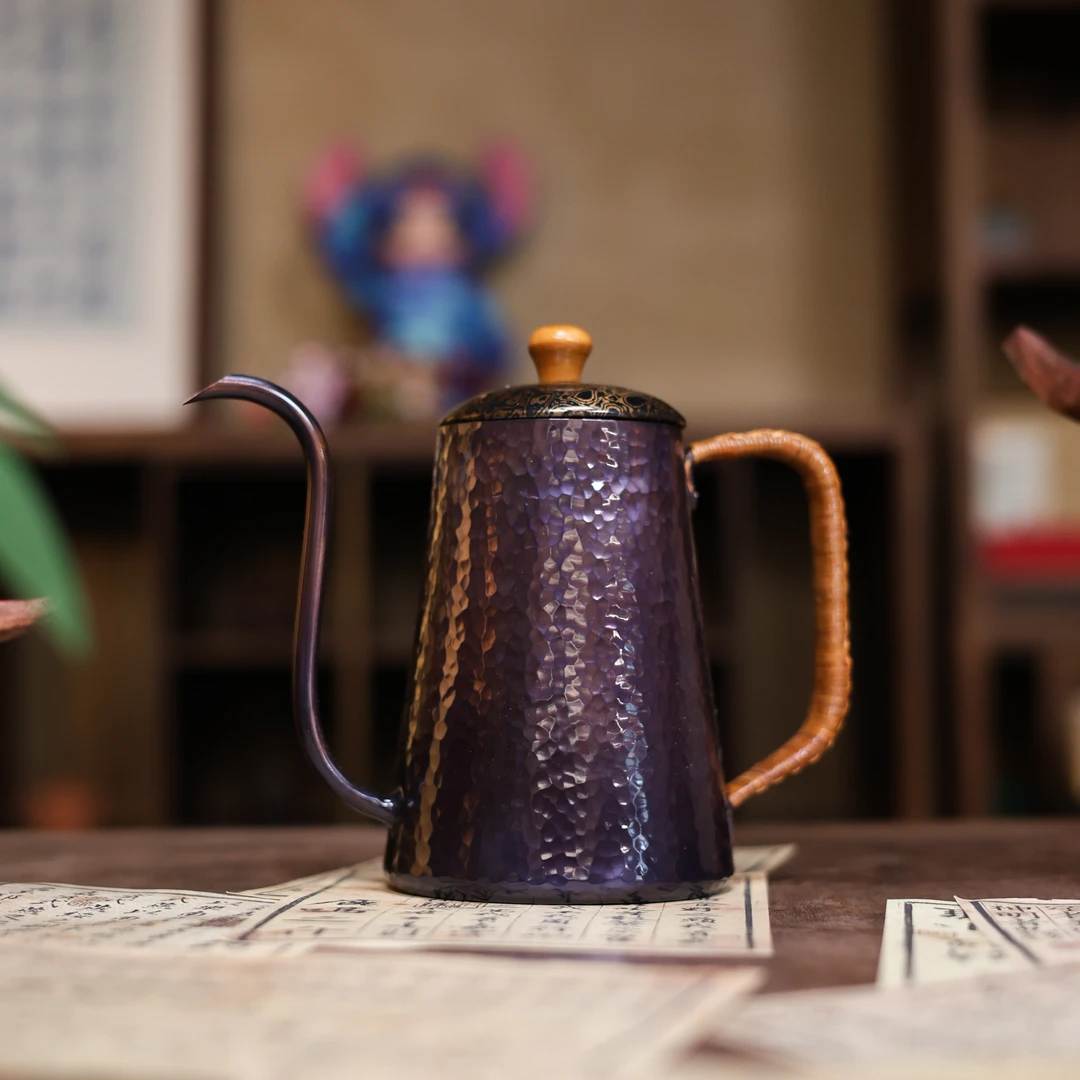 【斋居】紫铜锤纹藤编把手-手冲咖啡壶-850ml（GT043）