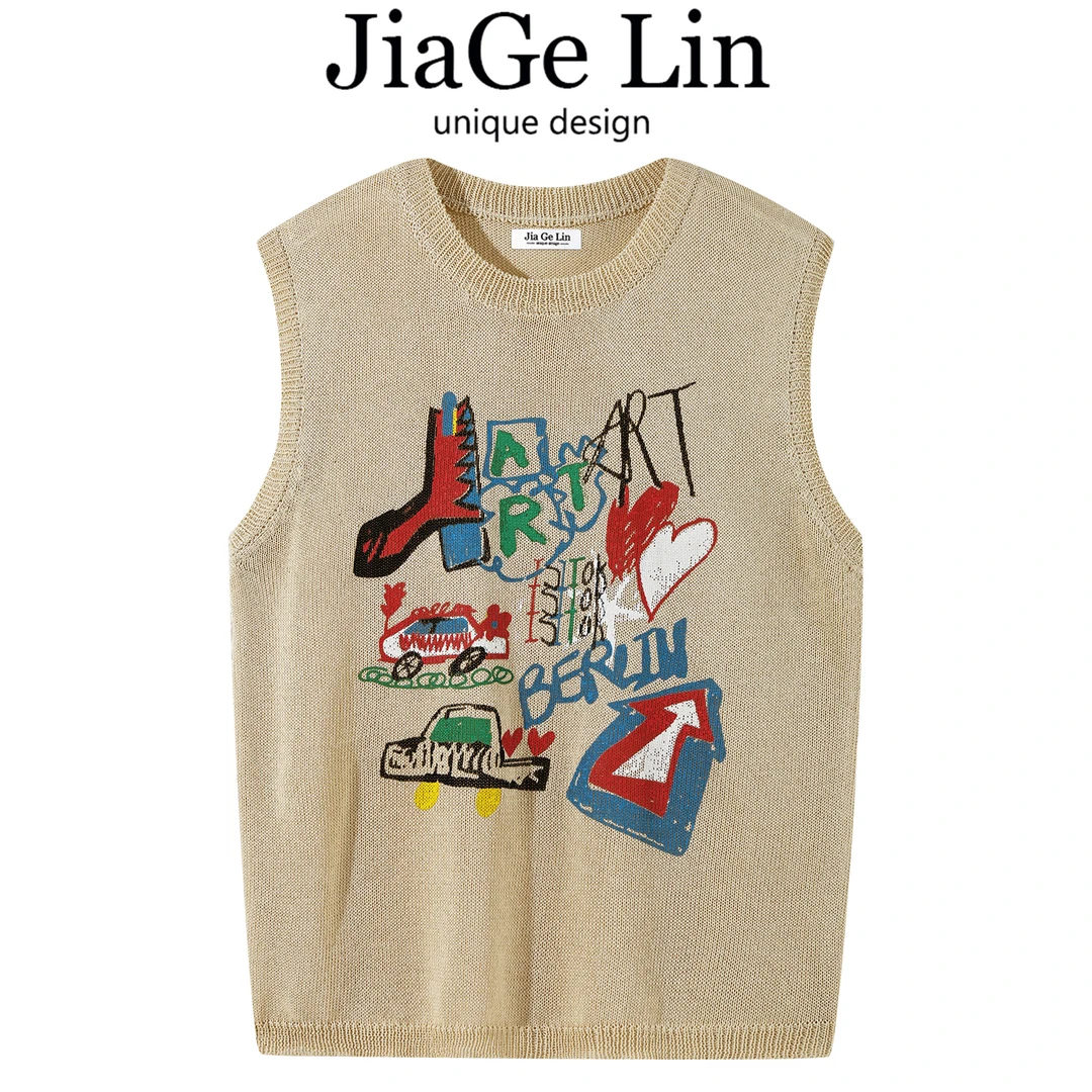 JiaGeLin韩系设计感卡通印花针织背心洋气减龄小衫女夏季无袖上衣