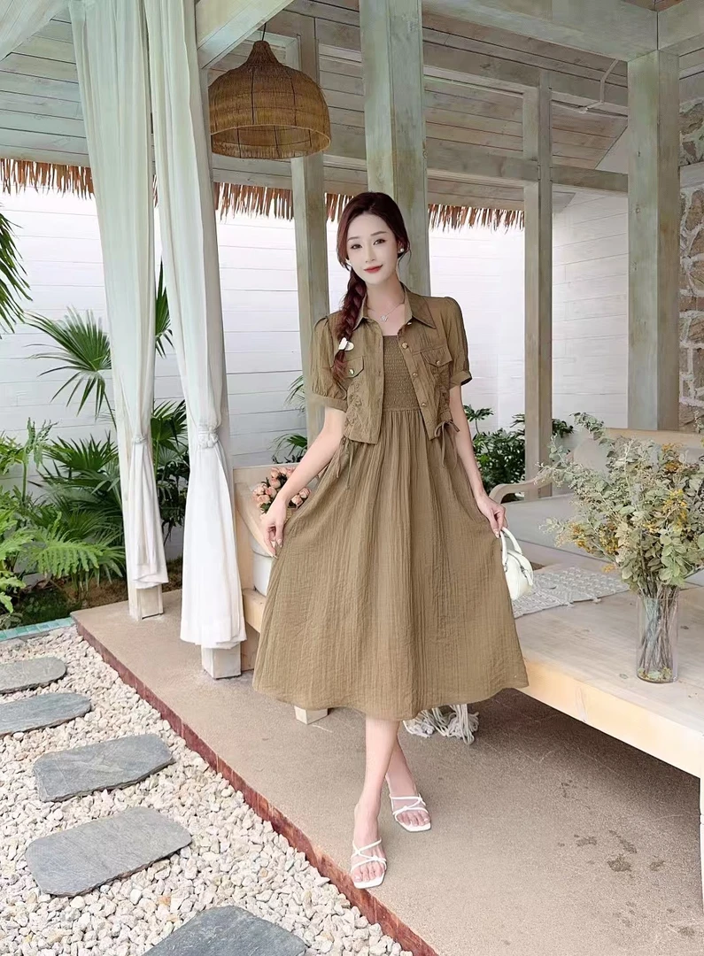 气质时尚夏季常规袖吊带连衣裙中长款法式套装显瘦复古