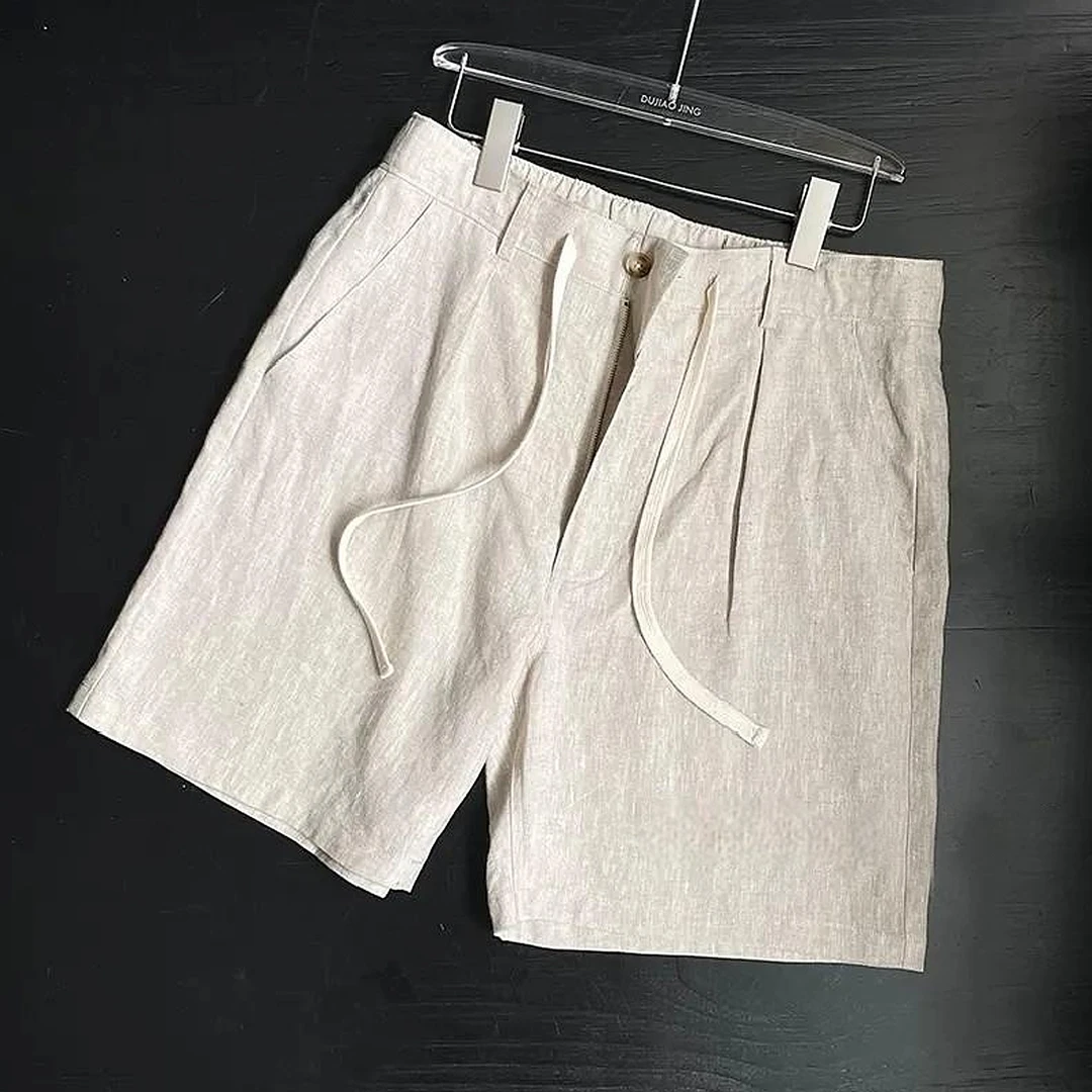 老钱风复古亚麻短裤男秋季外穿轻薄透气五分裤休闲直筒宽松半截裤