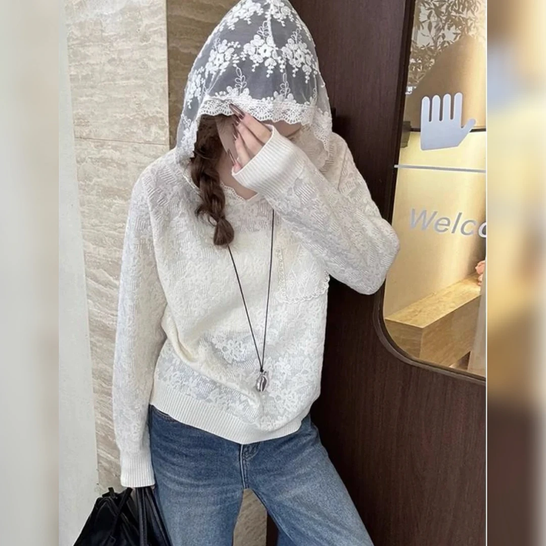 2533早春针织衫长袖法式拼接蕾丝连帽宽松女装韩版慵懒风休闲套头