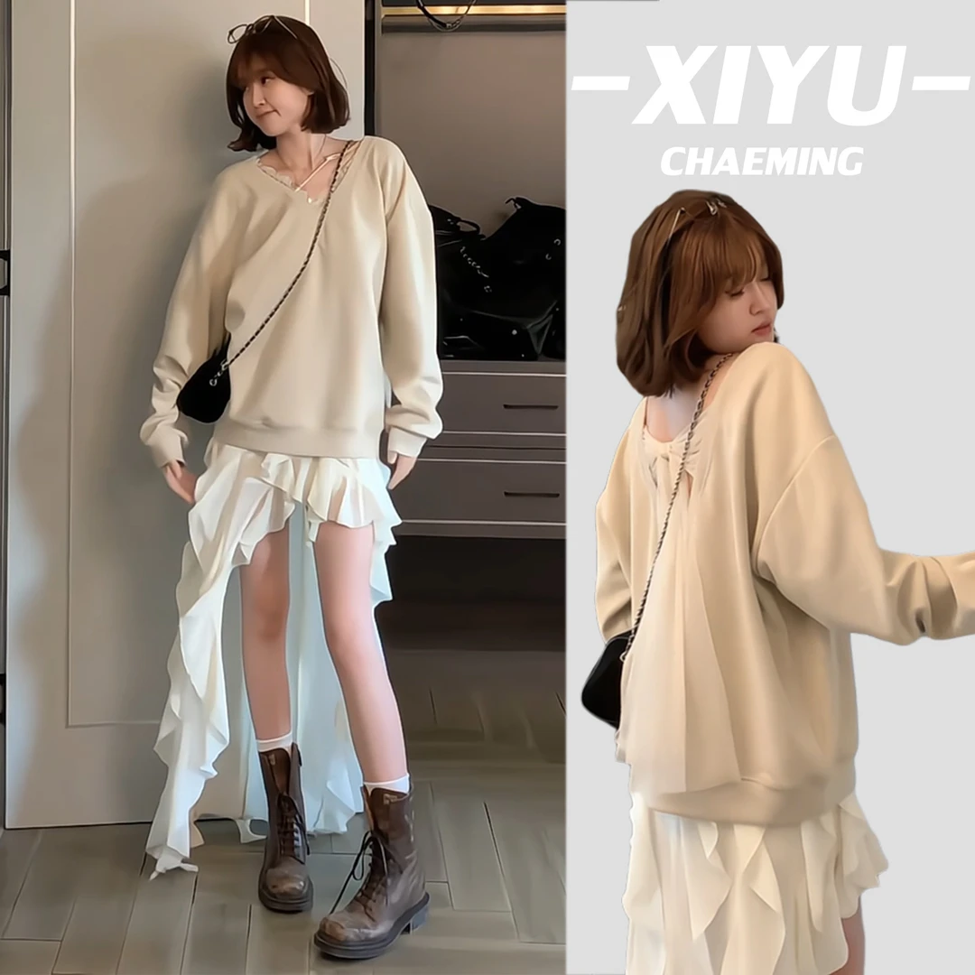 韩系早秋季上衣不规则半身裙设计感网纱蝴蝶结V领卫衣女两件套装