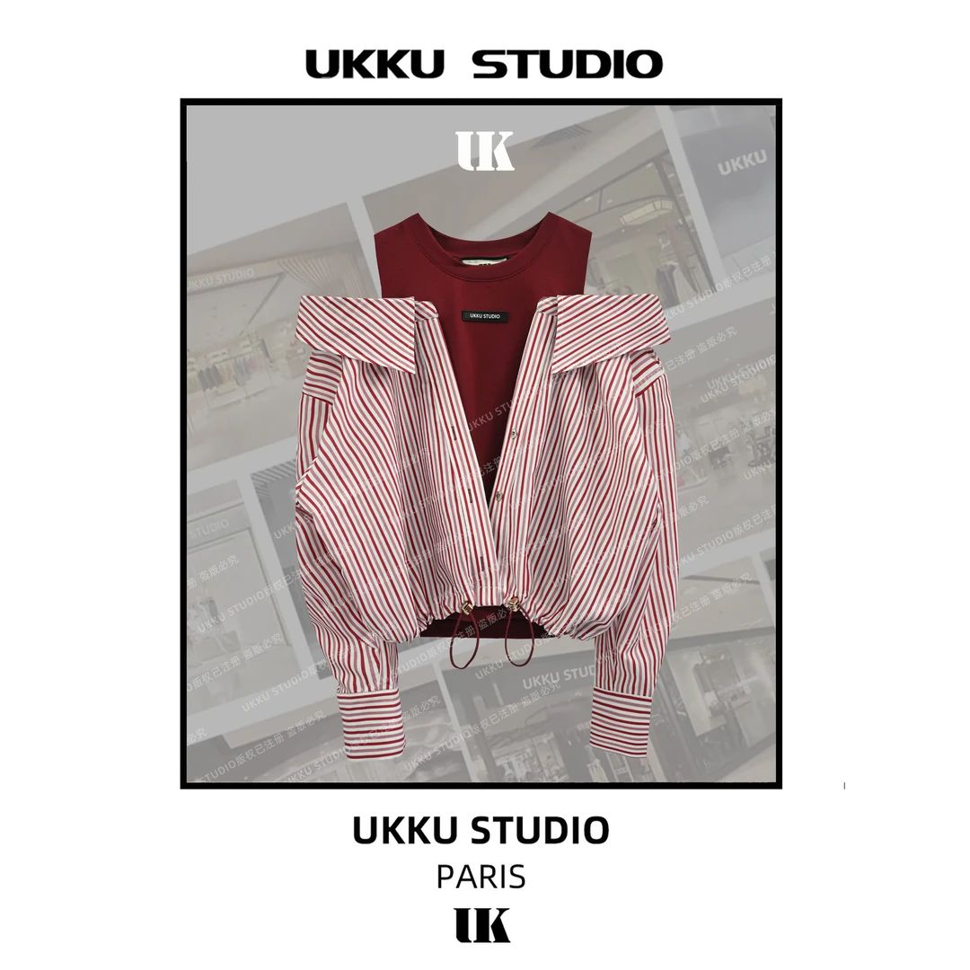 文文【UKKU STUDIO】设计气质安可拉红拼接百搭假两件衬衫312627