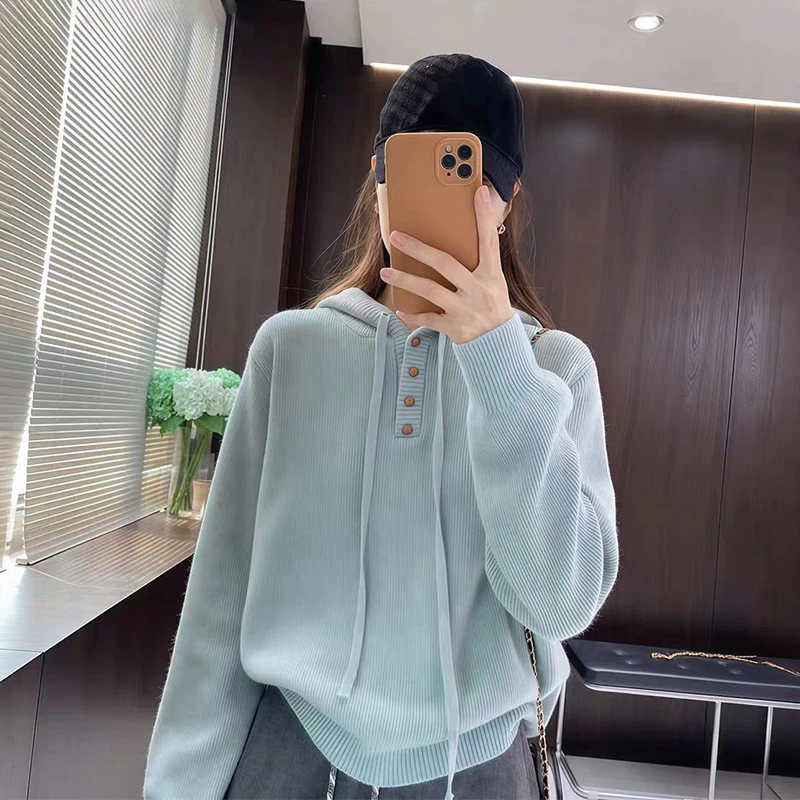 10161苗苗大码温柔风连帽长袖毛衣女秋冬宽松显瘦内搭外穿针织衫