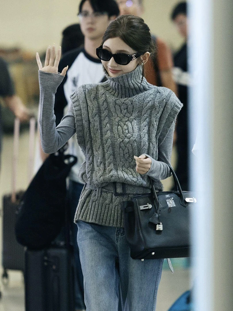 韩系简约秋季穿搭松弛感灰色高领针织背心修身打底衫两件套装女