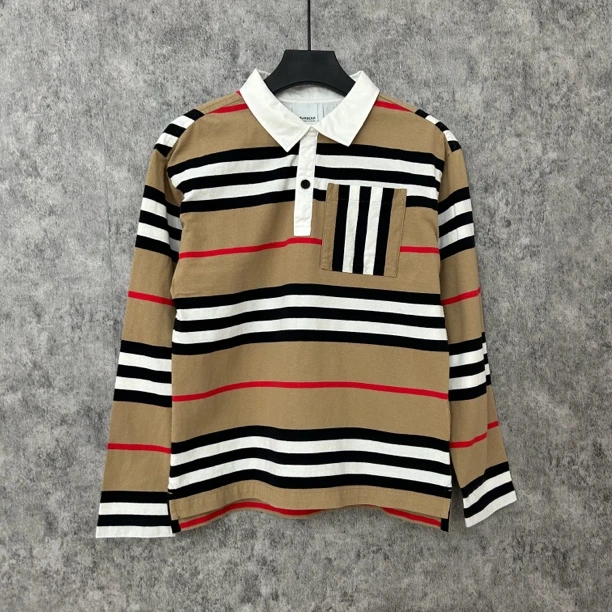 95新 BURBERRY/博柏利 横条纹白领长袖polo衫