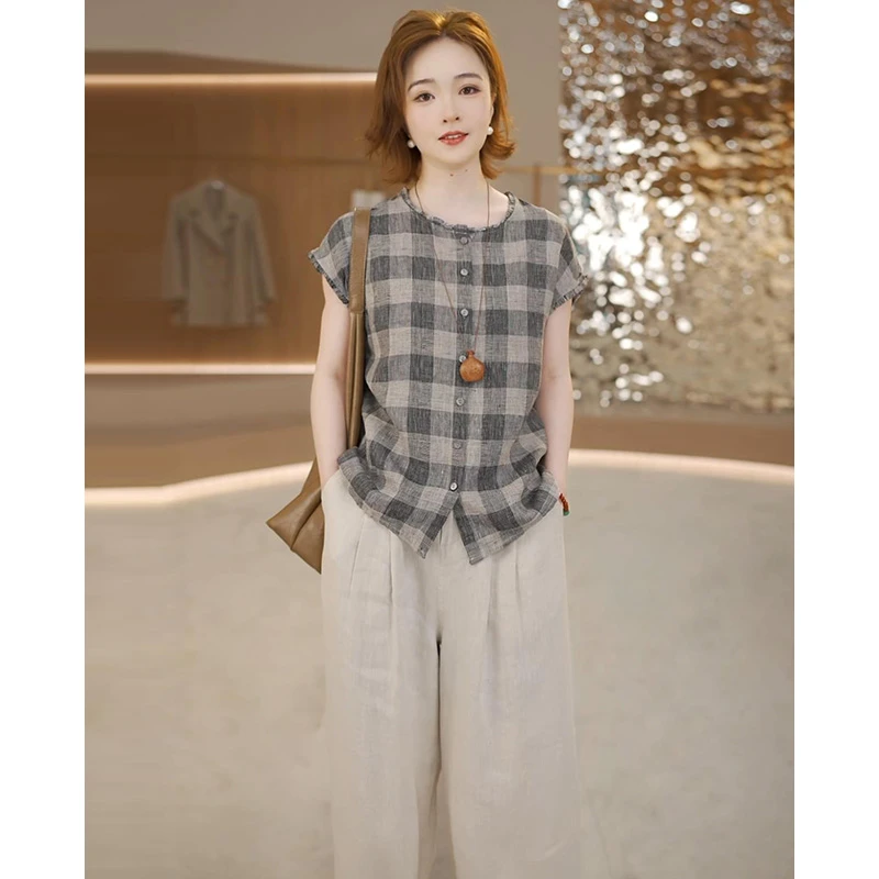 2025夏季女士亚麻无袖格纹上衣休闲百搭时尚简约小众T恤L05-209